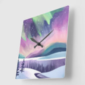 Noorderlicht kleurrijke winternacht | Waterverf Vierkante Klok (Hoek)