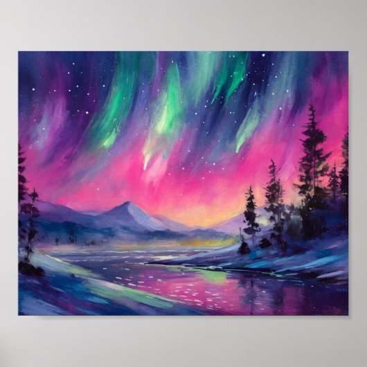 Noorderlicht Levendig Abstract nachtlandschap Poster (Voorkant)