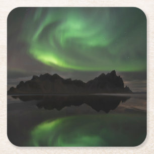 Noorderlicht   Vestrahorn Beach Hofn, IJsland Kartonnen Onderzetters