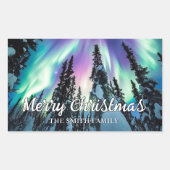 Noorderlicht Winter Bos Vrolijk Kerstfeest Rechthoekige Sticker (Voorkant)