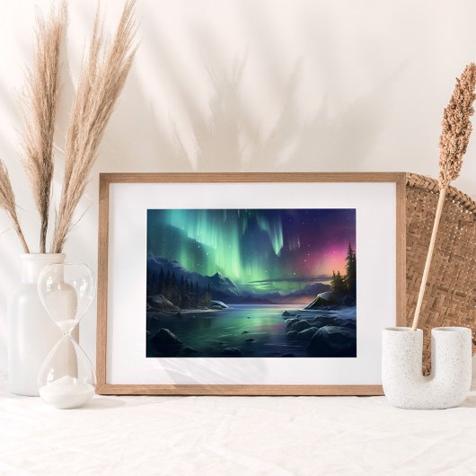 Noorderlicht Zeegezicht Bergen Waterverf Poster