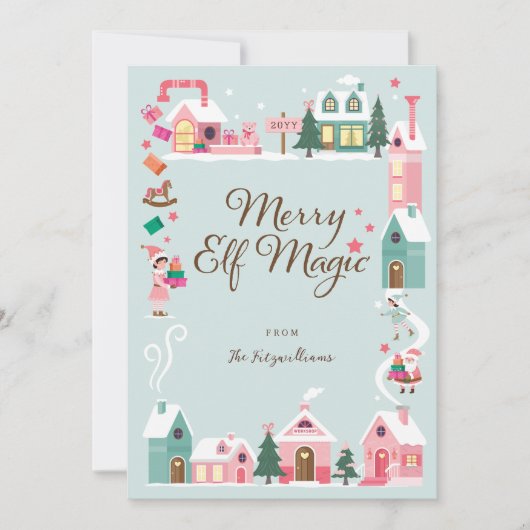 Noordpool Elf Workshop Santa Claus Pink Village Feestdagenkaart (Voorkant)