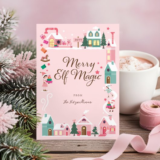 Noordpool Elf Workshop Santa Claus Pink Village Feestdagenkaart