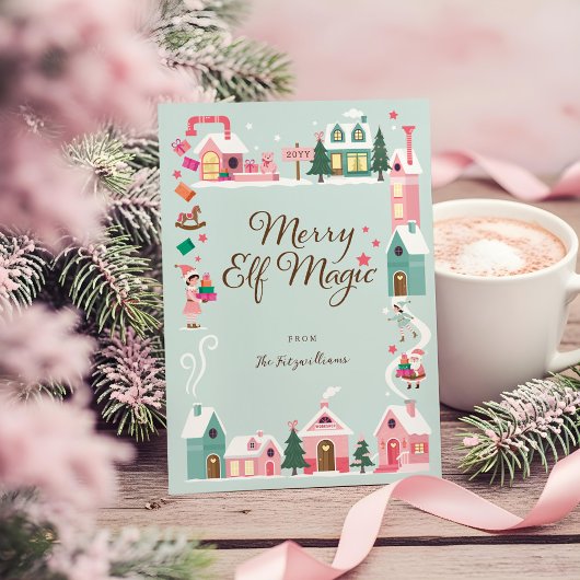 Noordpool Elf Workshop Santa Claus Pink Village Feestdagenkaart