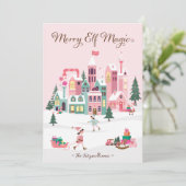 Noordpool Elf Workshop Santa Claus Pink Village Feestdagenkaart (Staand voorkant)