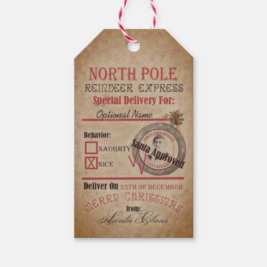 Noordpool Rendier Express Ondeugend of Nice Santa Cadeaulabel (Voorkant)