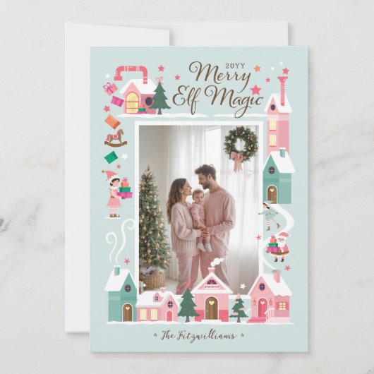 Noordpool Roze Elf Workshop Santa Foto Feestdagenkaart (Voorkant)