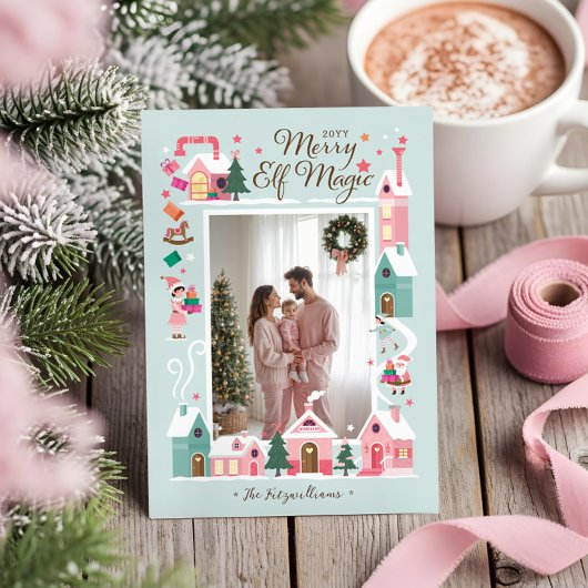 Noordpool Roze Elf Workshop Santa Foto Feestdagenkaart