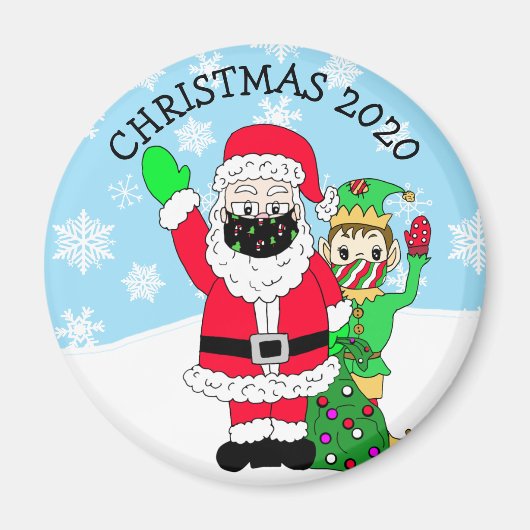 Noordpool Santa en Elf in Facemask 2020 Keepslag Magneet (Voorkant)