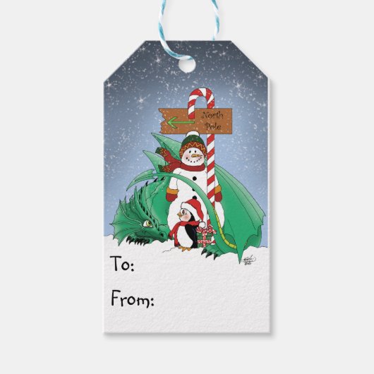 Noordpool Sneeuwman Dragon Pinguïn Kerstmis Cadeaulabel (Voorkant)