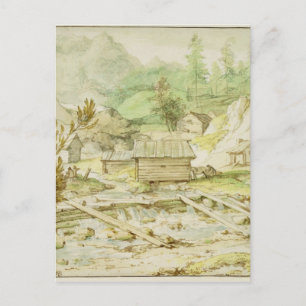 Noords landschap met Wooden Hut en Weir Briefkaart