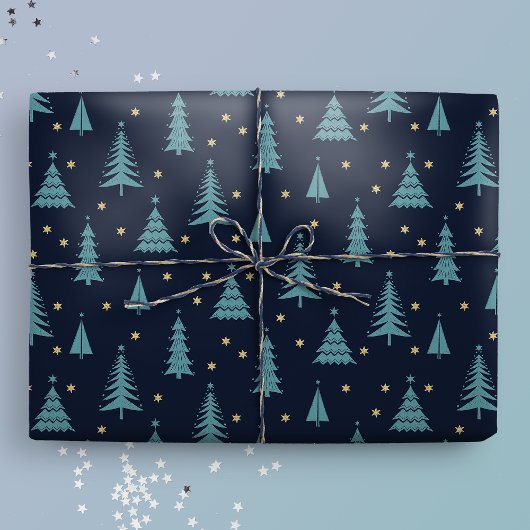 Noordse Blauwgroen kerstbomen donker Cadeaupapier