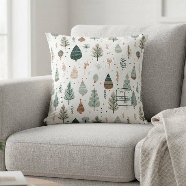 Noordse Bomen Scandi Monogram Naam Kussen (Creator heeft geüpload)