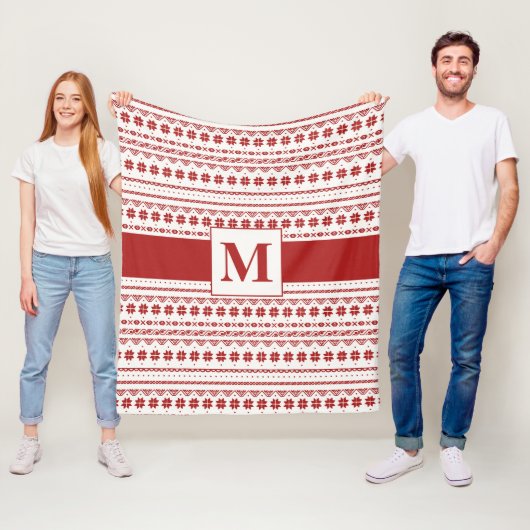 Noordse felrode en winterwitte poolstrepen fleece deken (In situ)