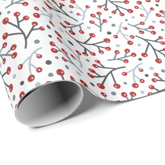 Noordse Folk Art Berry Branches Red Blue Kerstmis Cadeaupapier (Rol Hoek)