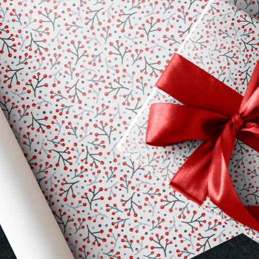 Noordse Folk Art Berry Branches Red Blue Kerstmis Cadeaupapier
