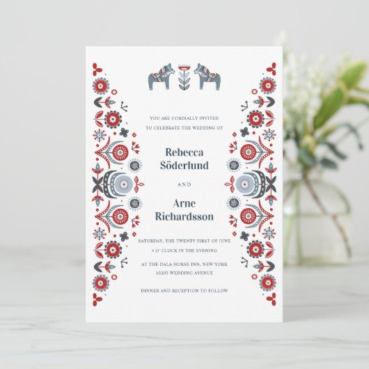 Noordse Folk Art Dala Horse Scandinavian Wedding Kaart (Staand voorkant)