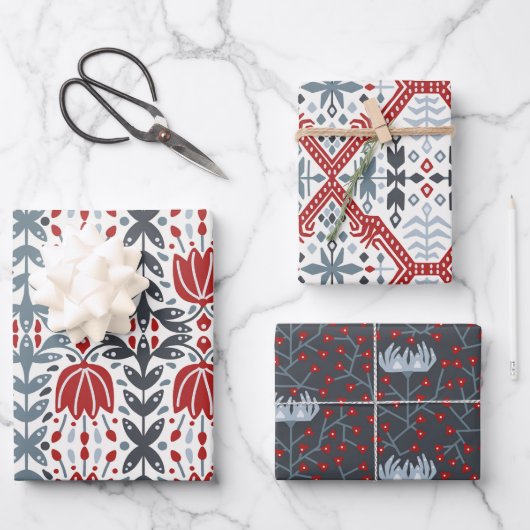 Noordse Folk Branches en Flowers red blue Inpakpapier Vel (Voorkant)