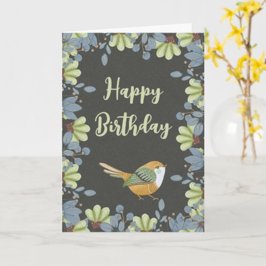 Noordse Groene Bird Floral Waterverf Birthday Kaart (Gele Bloem)
