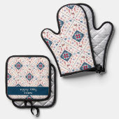 Noordse kerst met rendieren en winterbloemen ovenwant & pannenlap set (Voorkant / Achterkant)