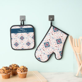 Noordse kerst met rendieren en winterbloemen ovenwant & pannenlap set