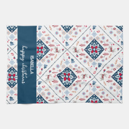 Noordse kerst met sneeuwvlokken en rendieren theedoek