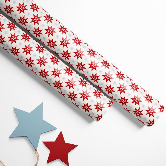 Noordse Kerst Rode Sterren en Blauwe Sneeuwvlokken Cadeaupapier