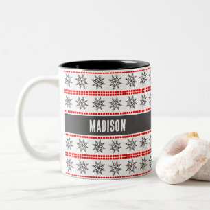 Noordse Kerst sneeuwvlok patroon grijs rood wit Tweekleurige Koffiemok