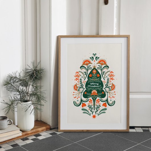 Noordse kerstboom met Scandinavische sierplanten Poster