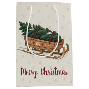 Noordse kerstboom op een houten slee feestdag medium cadeauzakje