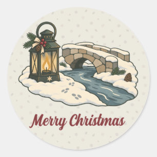 Noordse kerstlantaren bij een besneeuwde stenen br ronde sticker