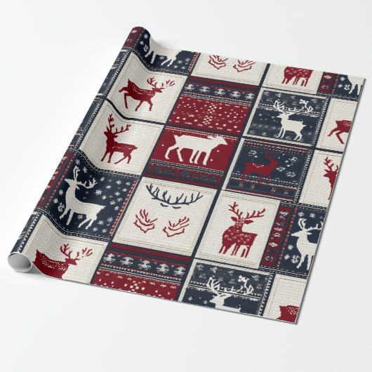 noordse kerstpatchwork | gebreid rendier cadeaupapier (Uitgerold)