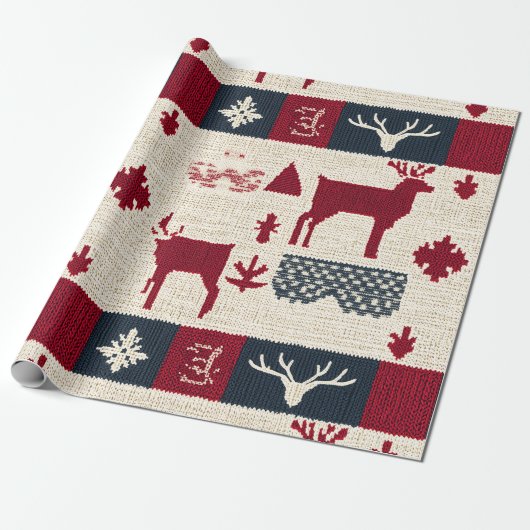 noordse kerstpatchwork | Gebreide rendieren (2) Cadeaupapier (Uitgerold)
