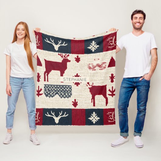 noordse kerstpatchwork | Gebreide rendieren (2) Fleece Deken (In situ)