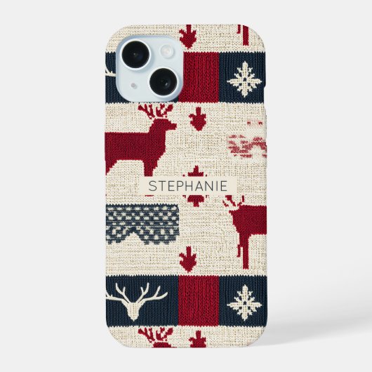 noordse kerstpatchwork | Gebreide rendieren (2) iPhone 15 Case (Achterkant)
