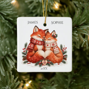 Noordse Kerstvos Koppel Scandinavische Winter  Keramisch Ornament