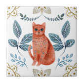 Noordse Oranje kat Waterverf Folk Art Tegeltje (Voorkant)