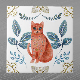 Noordse Oranje kat Waterverf Folk Art Tegeltje