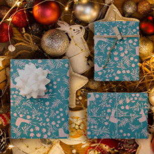 Noordse Rendier Bloem   Blush op Teal Kerst P Inpakpapier Vel