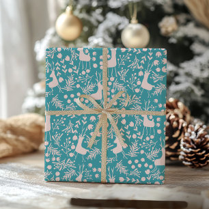 Noordse Rendier Bloemen Blush op Teal Kerst P Cadeaupapier