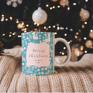 Noordse Rendier Bloemen Blush op Teal Kerst Tweekleurige Koffiemok