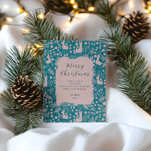 Noordse Rendier Bloemen Blush op Teal Kerstmis Briefkaart