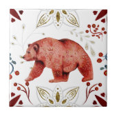 Noordse Rode Beer Waterverf Folk Art Tegeltje (Voorkant)