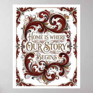 Noordse Rosemaling Poster, Thuis is waar ons verha Poster