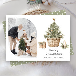 Noordse Scandinavische Boho Kerstboom Foto Feestdagenkaart
