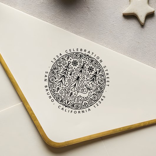 Noordse Scandinavische kerstbomen en rendieradres Rubberstempel