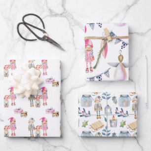 Noordse Scandinavische Rag Dolls Kerstmis Inpakpapier Vel