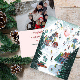 Noordse skihut schaatsen Kerst Familie Foto Feestdagenkaart