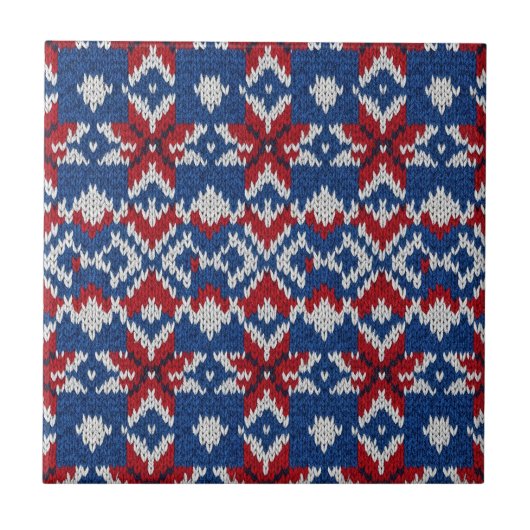 Noordse Sneeuwvlok Breipatroon - Marine, Rood, Wit Tegeltje (Voorkant)