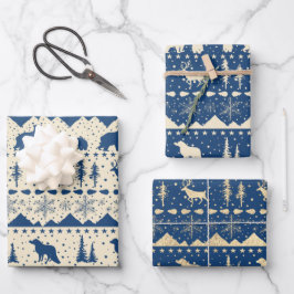 Noordse Sweater Beige Navy & Gold Winter Animals Inpakpapier Vel